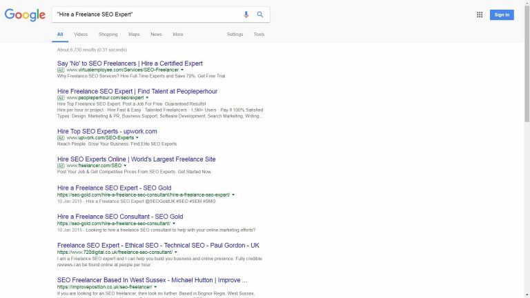 Google Exact Match Search for Hire a Freelance SEO Expert