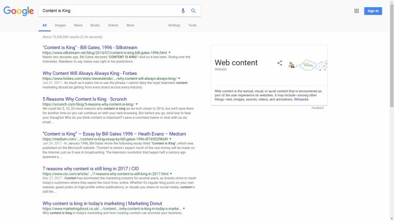 Google SERP for Content is King
