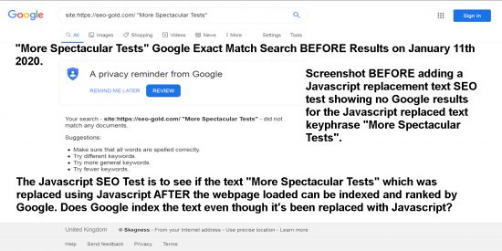 JavaScript SEO Test Before Results for the Replaced Text