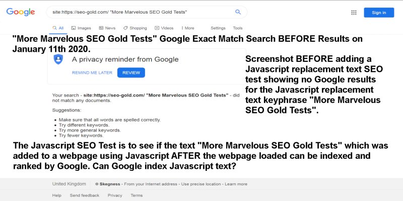 JavaScript SEO Test Before Results for the Replacement Text