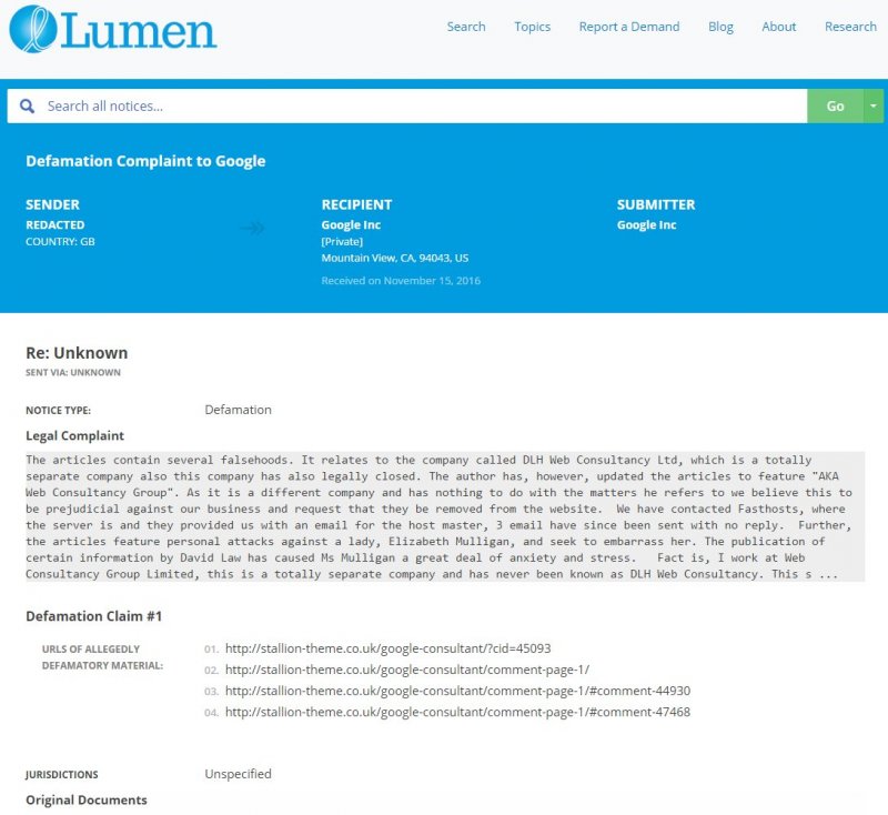 Lumen Defamation Claim to Google