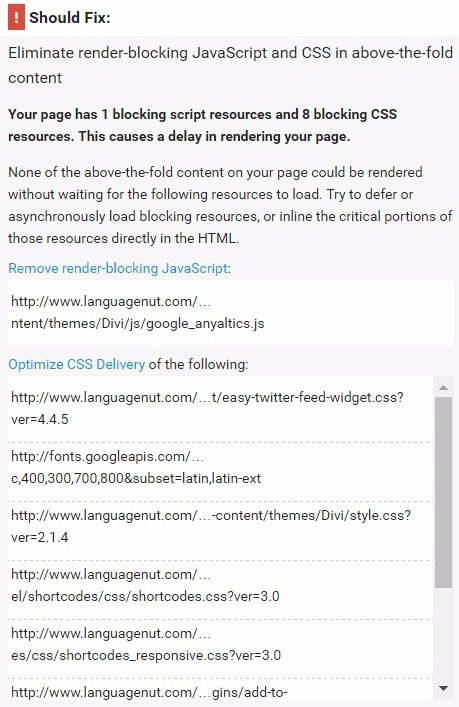 Eliminate render-blocking JavaScript and CSS in above-the-fold content: Google PageSpeed Insights
