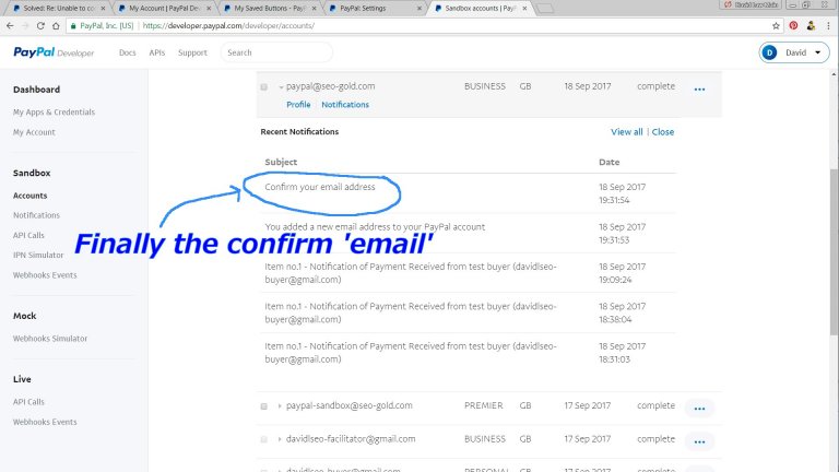PayPal Sandbox Confirm Email Address Notification