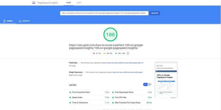 Score 100/100 Google PageSpeed Insights Mobile Speed Test