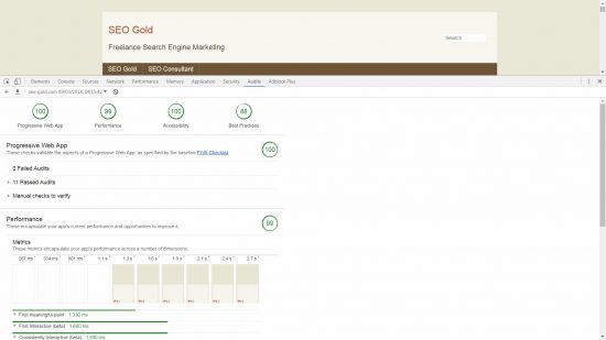 SEO Gold Progressive Web App LightHouse Audit Results