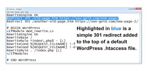Simple 301 Redirect Added to Default WordPress .htaccess File