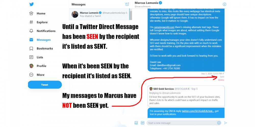 Twitter Direct Messages, Sent vs Seen