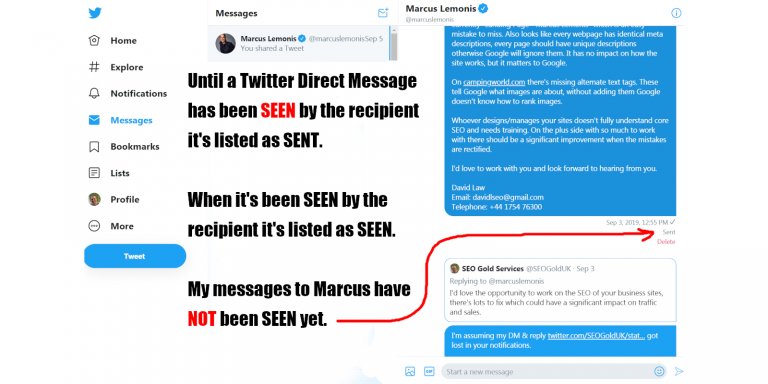 Twitter Direct Messages, Sent vs Seen