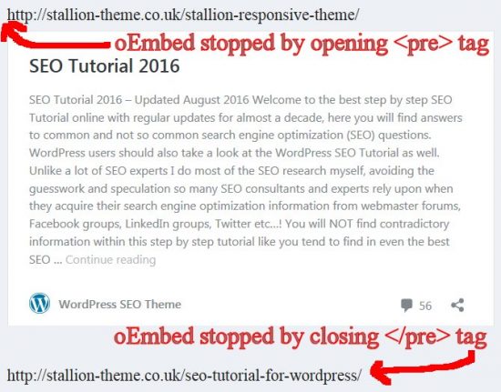 WordPress oEmbed Inside Pre Tags